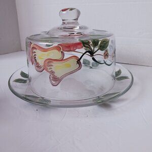 VINTAGE Cheese/Fruit Floral & Fruit Hand Painted Glass Cheese Plate Dome Lid